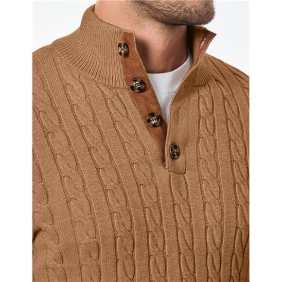 NEW Men's Cable Knit Pullover Sweater Casual Long Sleeve Stand Collar - Picture 5 of 6